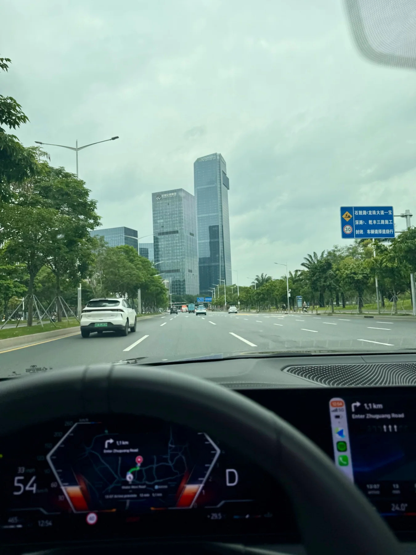 Driving along a tree-lined avenue in Shenzhen